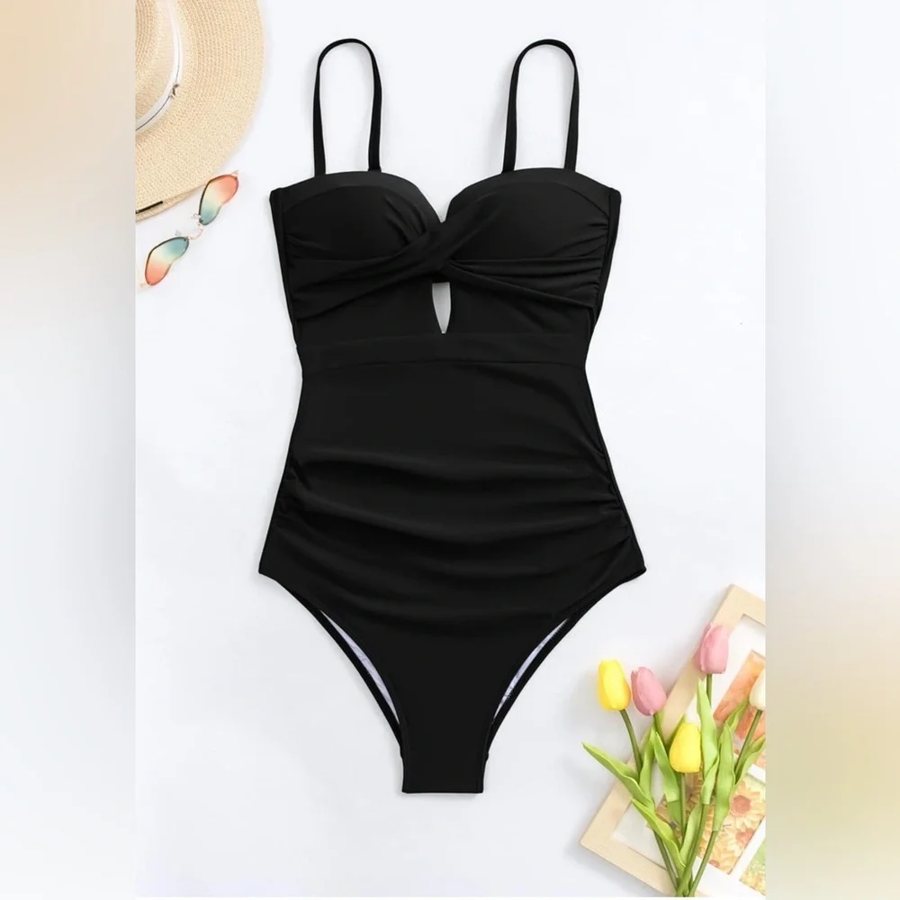 One Piece Push-Up Swimsuit Black Medium With Bandeau Twist wrap front & Cutout - Picture 5 of 8